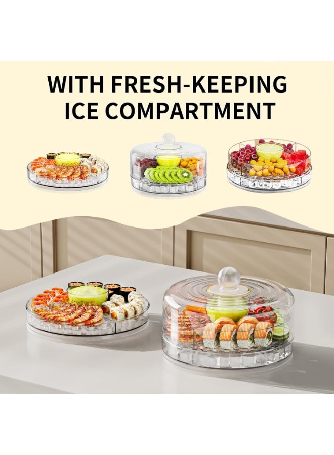 Multifunctional Serving Tray, Compact Chilled Serving Tray with Clear Rotating Lid, 9 Inch Fruit Platter Tray for Parties and Small Cake, Four Compartment Platter for Veggie Sushi Snacks Cupcakes - Image 2